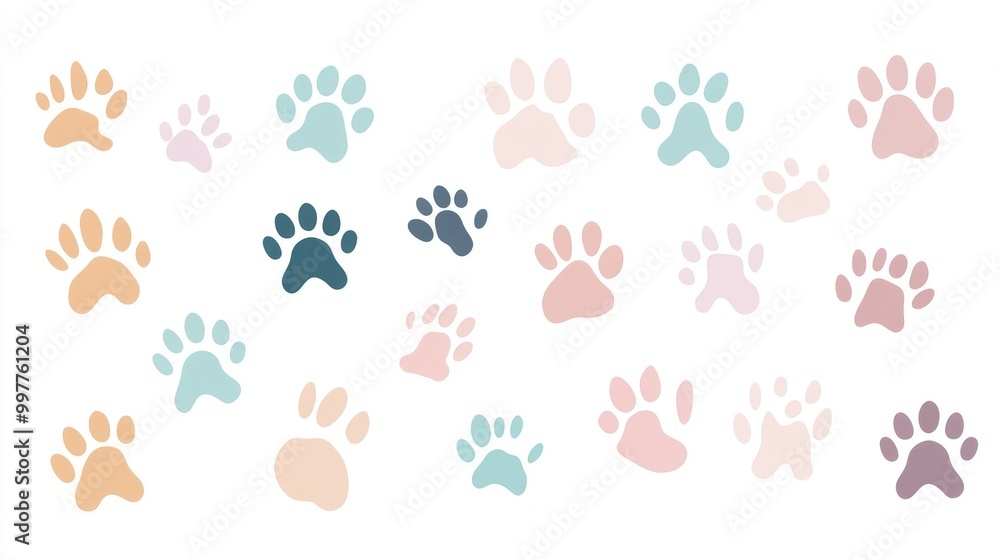 Vector Flat Illustration of Various Paw Prints. Pastel Color Palette on White Background Vector Flat Illustration of Various Paw Prints. Pastel Color Palette on White Background