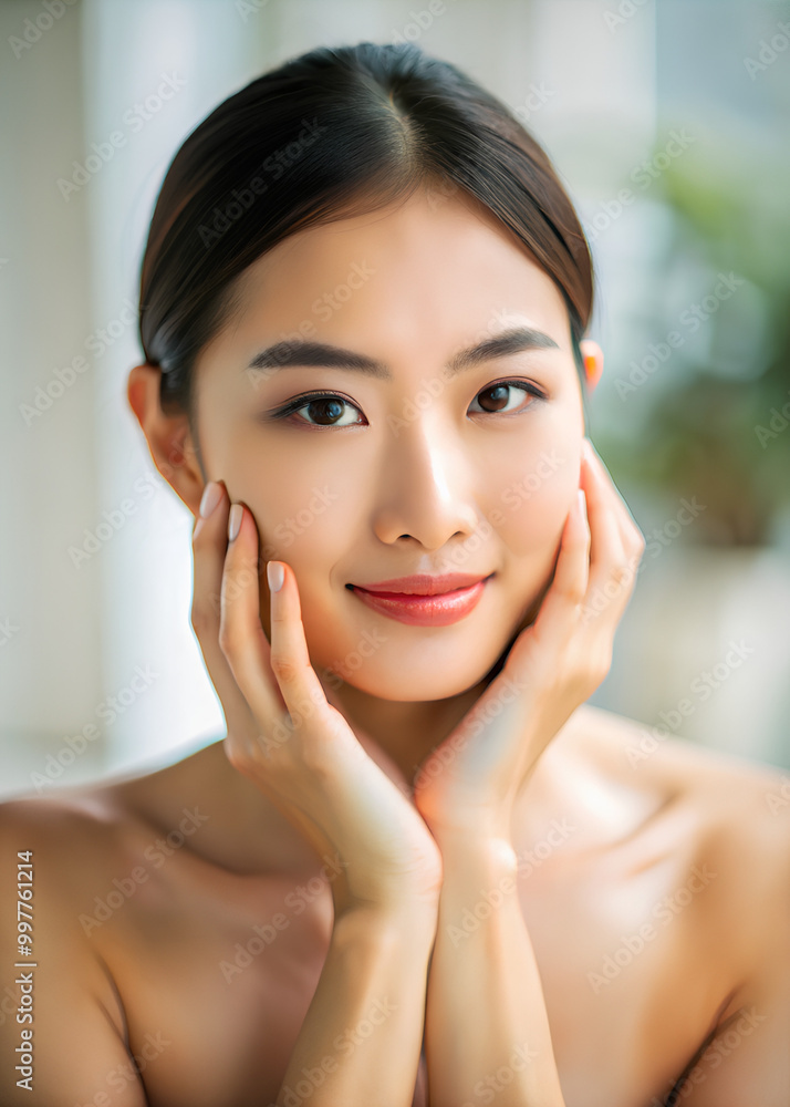 Asian beautiful young woman touching on her cheek face at home. Health skin care concept Asian beautiful young woman touching on her cheek face at home. Health skin care concept