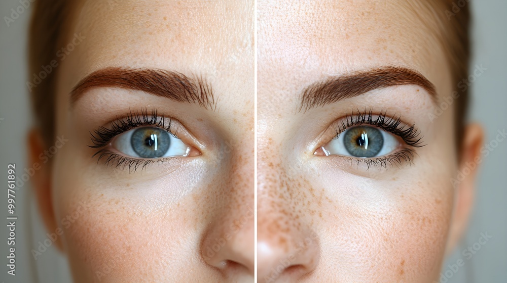 Fototapeta premium Wrinkle-reducing effects of Botox, before showing prominent forehead lines, and after, featuring a visibly smooth and firm appearance