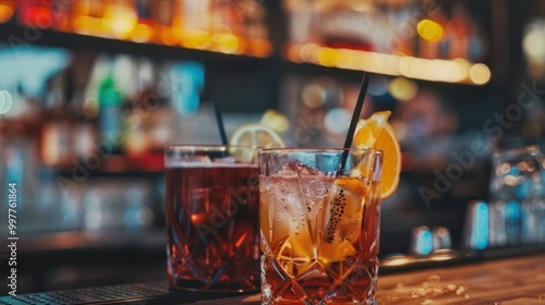 Two cocktail drinks on a bar counter with blurred background. Studio drink photography for beverage and nightlife concept.