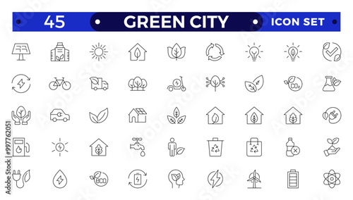 Green city Outline icons collection. UI icon set in a flat design. Includes Sustainability, Solar Panel, Recycling, Green City, vector illustration.