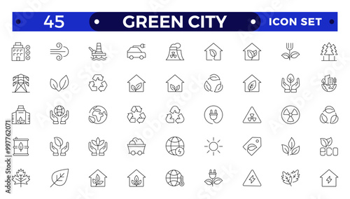 Green city Outline icons collection. UI icon set in a flat design. Includes Sustainability, Solar Panel, Recycling, Green City, vector illustration.