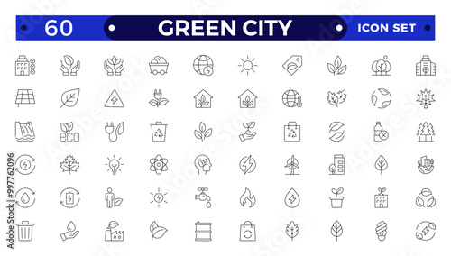 Green city Outline icons collection. UI icon set in a flat design. Includes Sustainability, Solar Panel, Recycling, Green City, vector illustration.