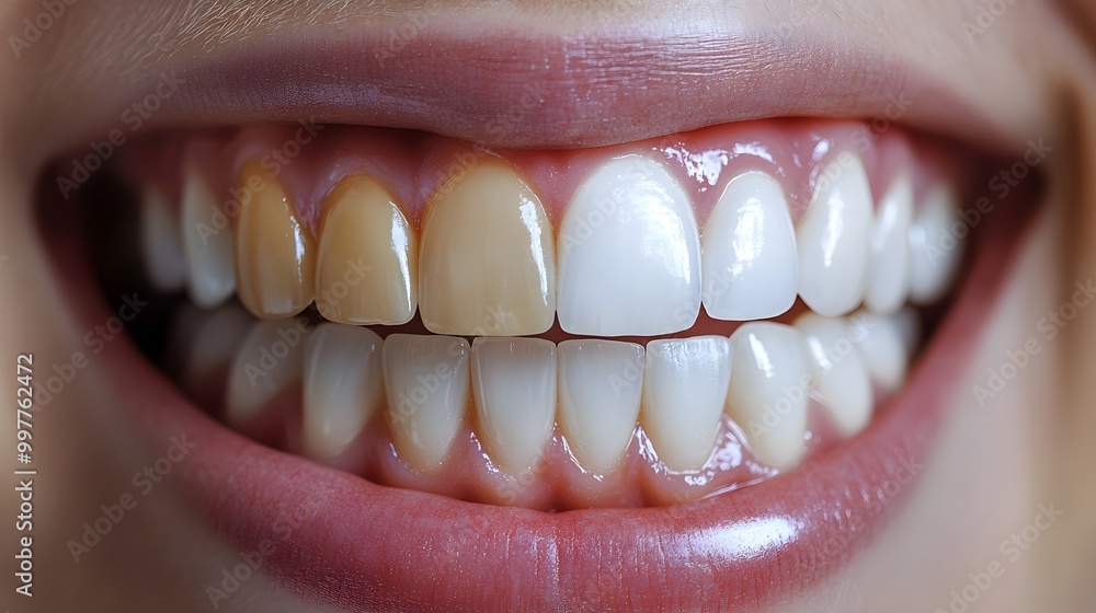 Fototapeta premium Split-screen image of teeth before and after whitening treatment, showing enhanced color and shine, Realistic Style, Soft Lighting, High Detail