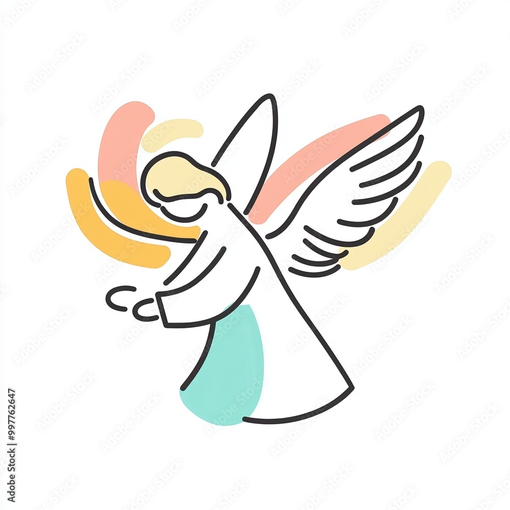 A delicate line drawing illustrates an angel with outstretched wings and gentle curves, in pastel colors on a clean white background, exuding a feeling of peace A delicate line drawing illustrates an angel with outstretched wings and gentle curves, in pastel colors on a clean white background, exuding a feeling of peace