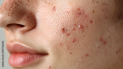 Close-up of irritated skin with active acne, visible redness, and inflamed pores Healing process shows gradual improvement, smoothness, and reduced redness photo