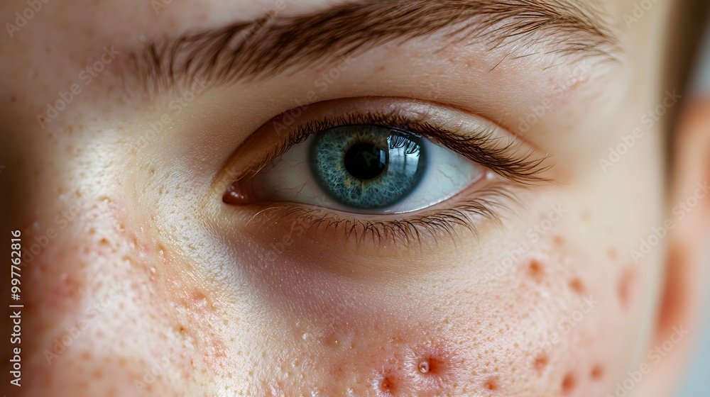 Close-up of a young face with acne on day 1, soft natural lighting, pale skin tones, minimal background, emphasis on skin texture, realistic photography style Close-up of a young face with acne on day 1, soft natural lighting, pale skin tones, minimal background, emphasis on skin texture, realistic photography style