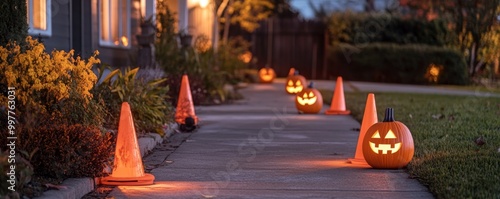 Glowing Halloween Safety: Well-Lit Suburban Street with Jack-o'-lanterns and Safety Cones Guiding Path