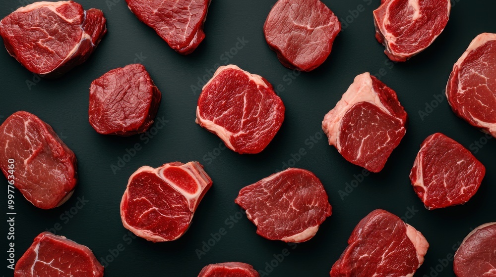 A top-down view of fresh uncooked beef highlighting the detailed surface texture and natural fat distribution A top-down view of fresh uncooked beef highlighting the detailed surface texture and natural fat distribution