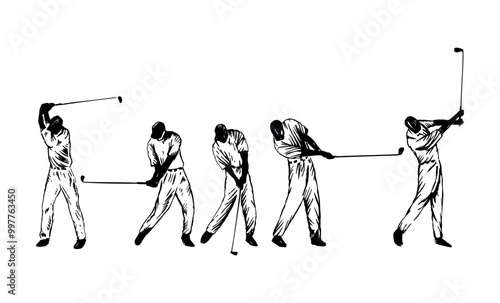 Hand-drawn illustration, in simple lines, of a sequence of a golf player executing a shot.