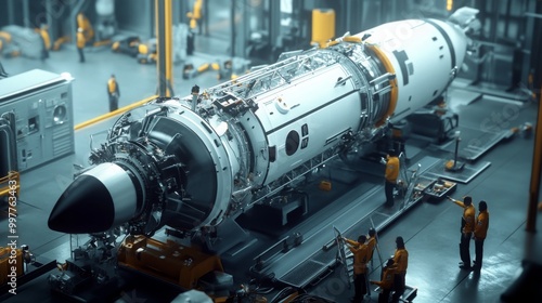 Fototapeta Naklejka Na Ścianę i Meble -  A large rocket is being assembled inside a factory, with multiple workers in yellow vests positioned around the rocket, likely preparing it for launch.