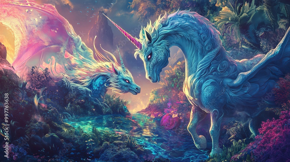 Mystical Unicorns in Enchanted Forest Landscape Mystical Unicorns in Enchanted Forest Landscape