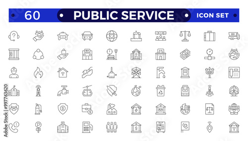 Public service Outline icon collection set. Containing policy, needs, community, government employee, public finance, interest, volunteer, Gas, electricity, water, heating icon.