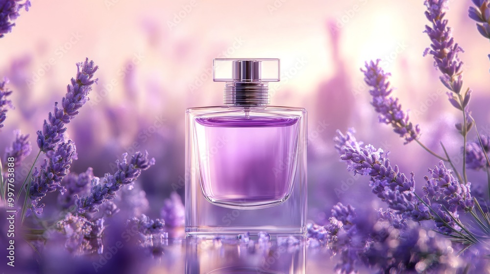 Elegant Lavender Perfume Bottle Surrounded by Flowers Elegant Lavender Perfume Bottle Surrounded by Flowers