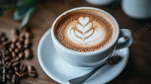 cup of coffee and coffee beans in a sack