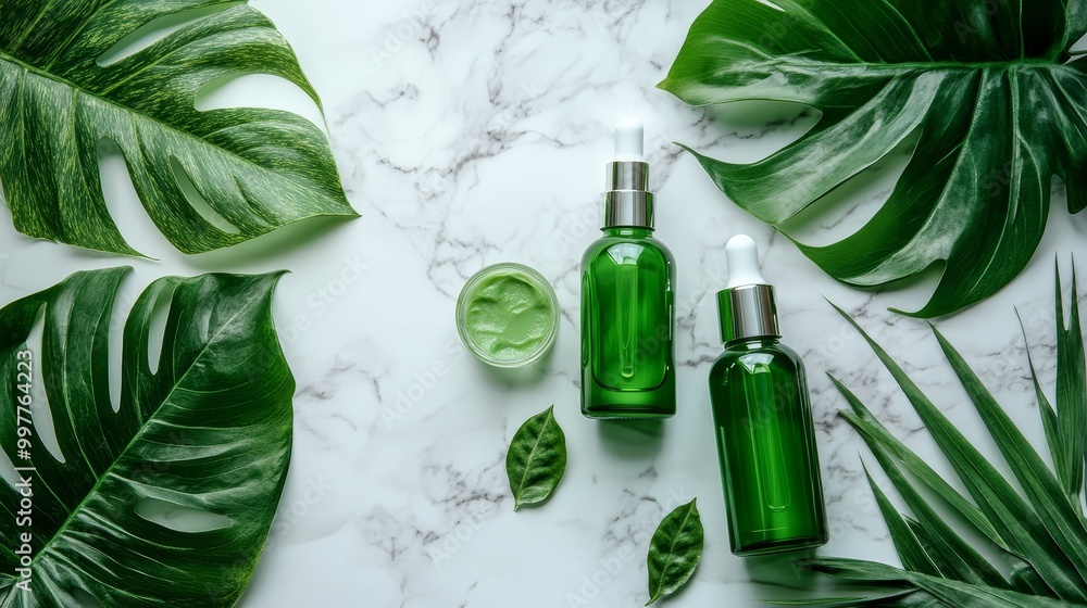 Minimalist skincare set with green bottles, monstera plant leaf, marble background, flat lay, luxurious eco-beauty theme, soft natural light, top-down view Minimalist skincare set with green bottles, monstera plant leaf, marble background, flat lay, luxurious eco-beauty theme, soft natural light, top-down view