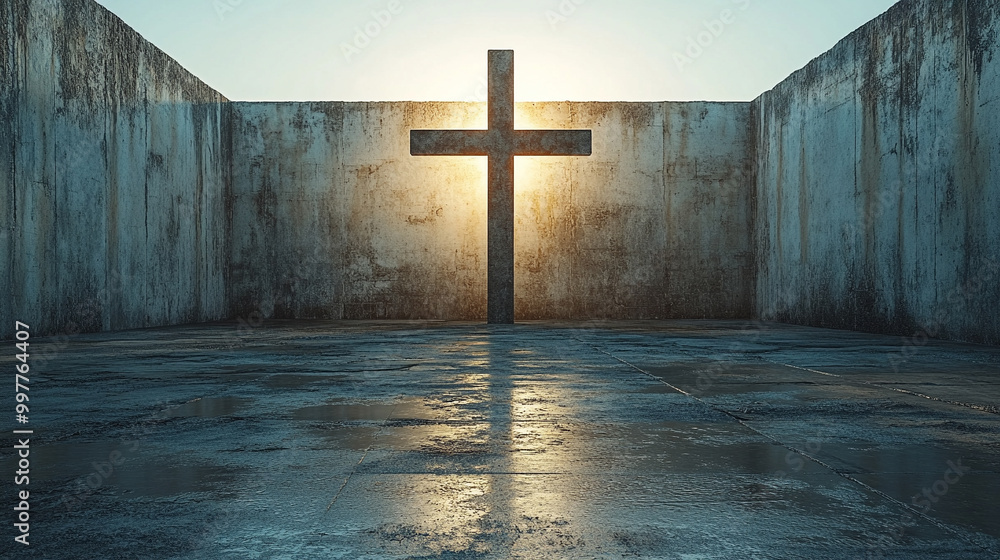 Naklejka premium Christian cross in a blurred background, symbolizing faith, hope, and spiritual guidance. The simplicity of the scene evokes contemplation and connection to divine presence