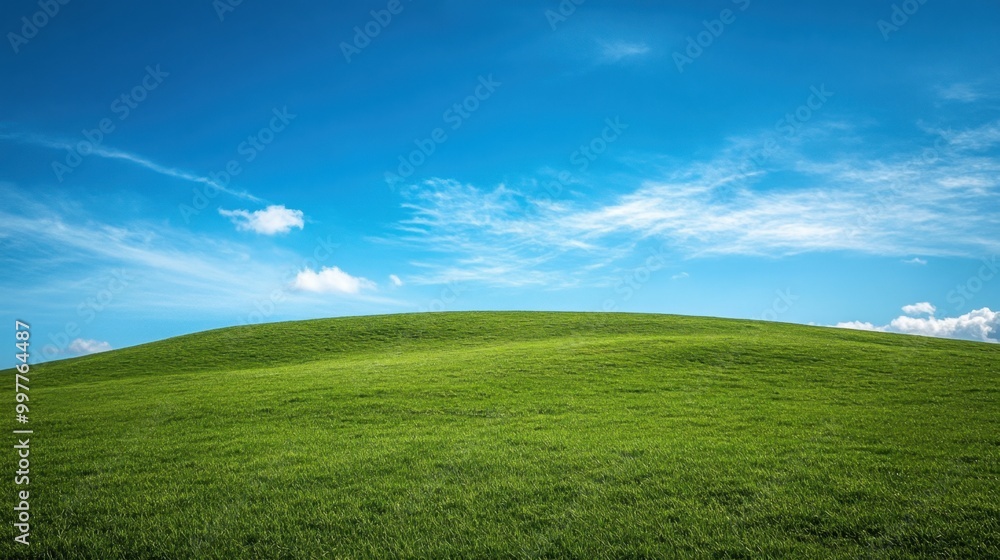 A clear hillside with patches of vibrant green grass and a crisp blue sky overhead, creating a feeling of openness and tranquility A clear hillside with patches of vibrant green grass and a crisp blue sky overhead, creating a feeling of openness and tranquility
