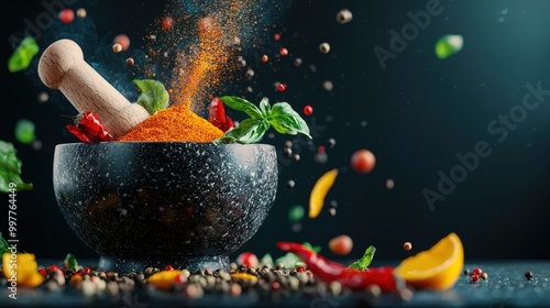A dynamic scene featuring a mortar and pestle surrounded by vibrant spices and herbs. Colorful ingredients burst in the air, showcasing culinary creativity and flavor.