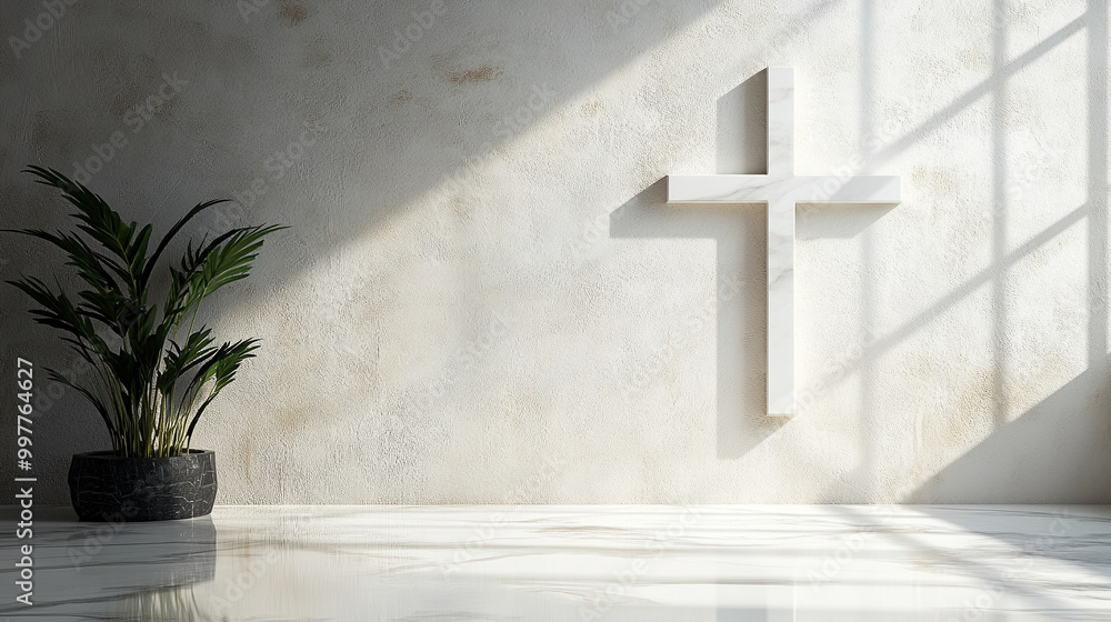 Fototapeta premium Christian cross in a blurred background, symbolizing faith, hope, and spiritual guidance. The simplicity of the scene evokes contemplation and connection to divine presence