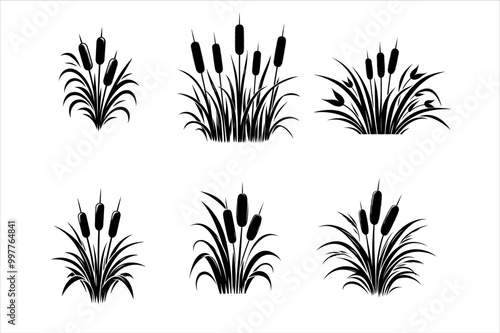 Cattail silhouette Vector Bundle icon on white background. Cattail reeds vector silhouette set.