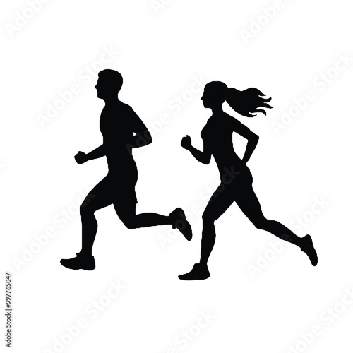 Male and Female Jogging Silhouette Vector Transparent Background