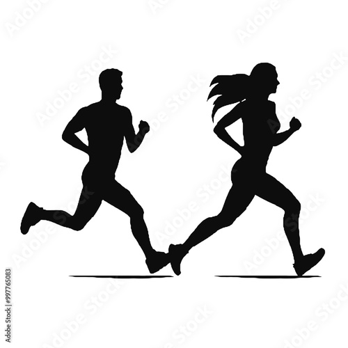 Men and Women Running in Sync Silhouette Vector Illustration