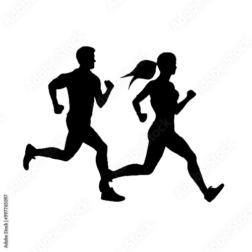 Men and Women Running in Sync Silhouette Vector Illustration