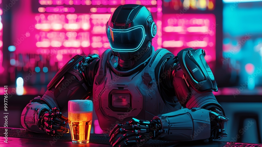 A futuristic robot enjoying a beer in a neon-lit bar, showcasing a blend of technology and leisure in a vibrant atmosphere. A futuristic robot enjoying a beer in a neon-lit bar, showcasing a blend of technology and leisure in a vibrant atmosphere.
