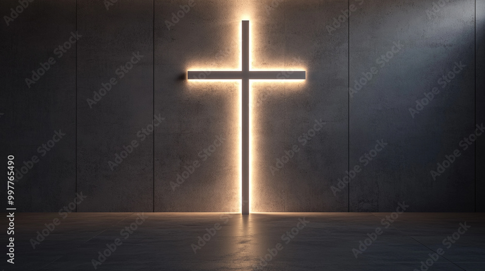 Naklejka premium Christian cross in a blurred background, symbolizing faith, hope, and spiritual guidance. The simplicity of the scene evokes contemplation and connection to divine presence