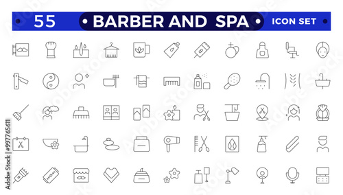 Barber and  spa icons in line style. Pixel perfect, minimalistic web and UI icon. Containing sauna, aromatherapy, treatment, yoga, skincare and wellness icons. Outline icon collections.