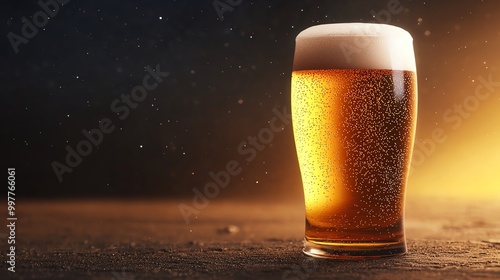 A refreshing glass of golden beer with frothy top, sitting on a rustic table, illuminated by warm ambient light. photo