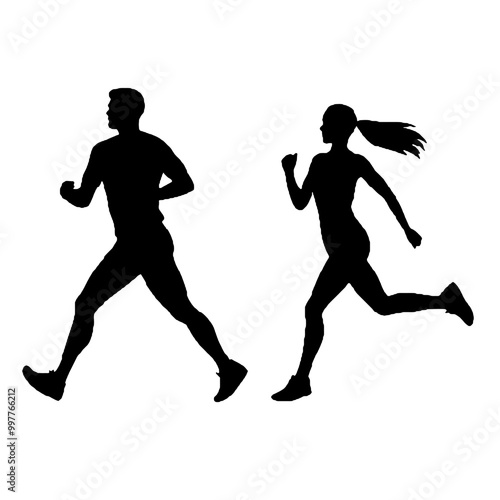 Silhouette of Men and Women Jogging Vector Illustration