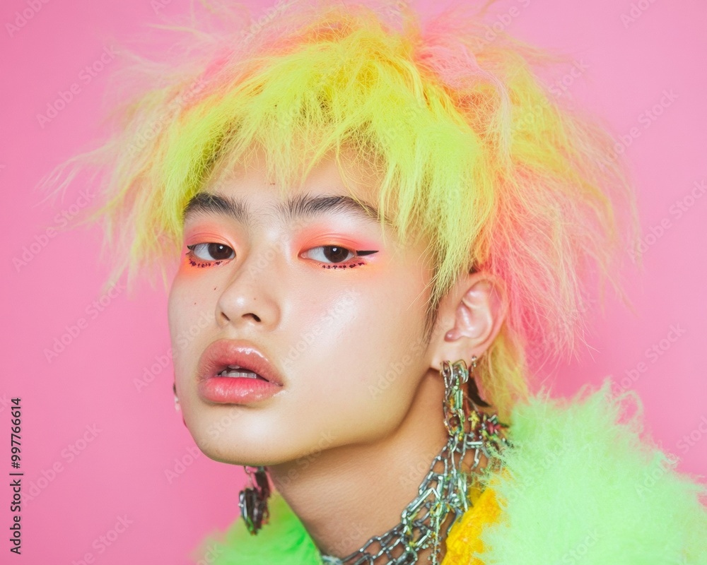 Fototapeta premium Vibrant E-Girl Aesthetic Teenage Girl with Neon Hair and Bright Makeup in Classroom