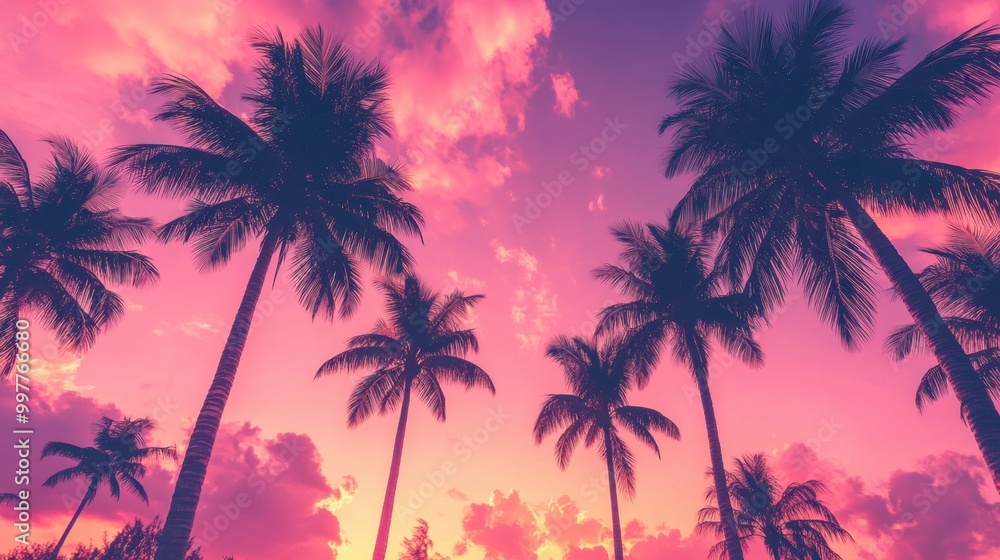 Tall palm trees silhouetted against a vivid pink sky at sunset with soft clouds adding depth to the tropical scene Tall palm trees silhouetted against a vivid pink sky at sunset with soft clouds adding depth to the tropical scene
