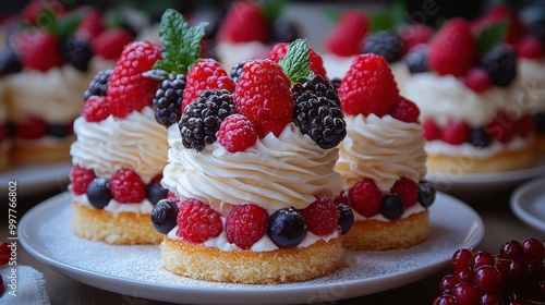 Delicious mini berry cakes topped with fresh indulgent cream and vibrant fruits at a delightful summer dessert gathering