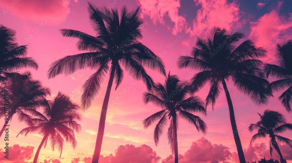 Tall palm trees silhouetted against a vivid pink sky at sunset with soft clouds adding depth to the tropical scene Tall palm trees silhouetted against a vivid pink sky at sunset with soft clouds adding depth to the tropical scene