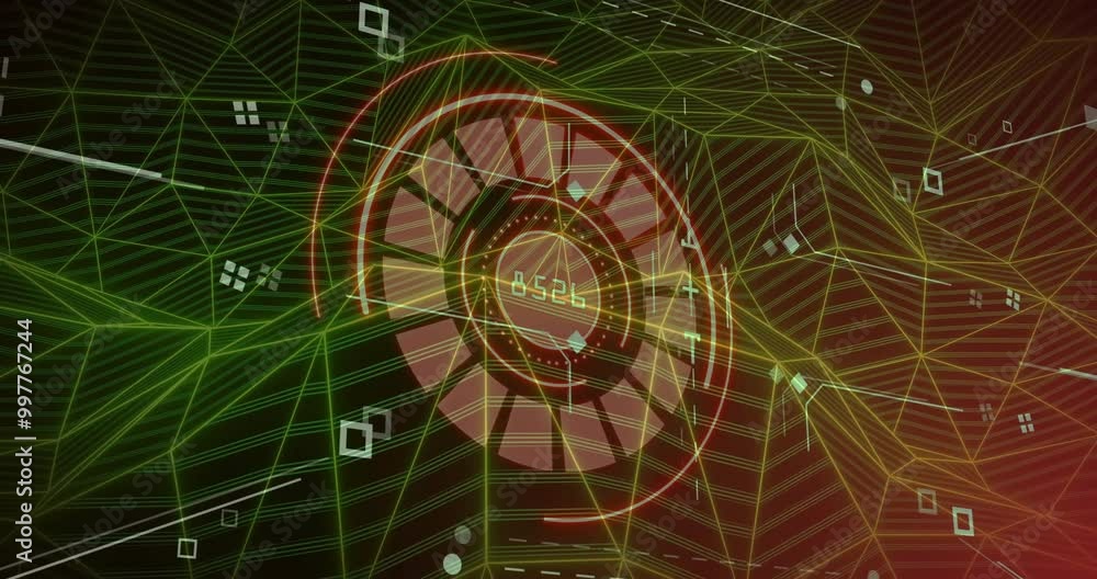Animation of network of connections over scope scanning with data processing on black background Animation of network of connections over scope scanning with data processing on black background