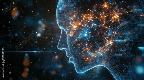 A glowing digital representation of a human head, with a network of connections.