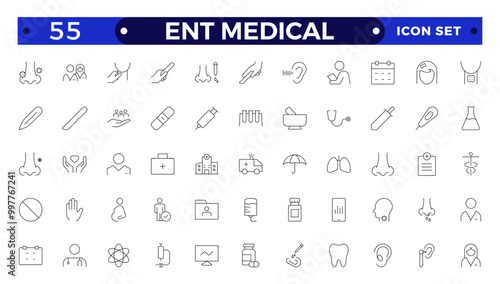 ENT Medical outline Icon, also includes ear, nose, throat, Headache, Runny Nose, Cough, Sore Throat, hearing kit, Hearing Report, Breathing, Thyroid. Ear Nose Throat thin line icons.