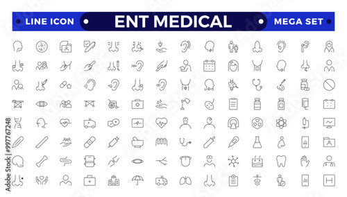 ENT Medical outline Icon, also includes ear, nose, throat, Headache, Runny Nose, Cough, Sore Throat, hearing kit, Hearing Report, Breathing, Thyroid. Ear Nose Throat thin line icons.