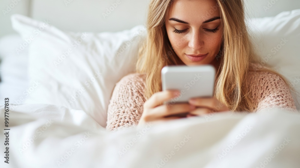 The woman relaxes in bed during the morning, focused on her smartphone as she checks messages and surf the internet The woman relaxes in bed during the morning, focused on her smartphone as she checks messages and surf the internet
