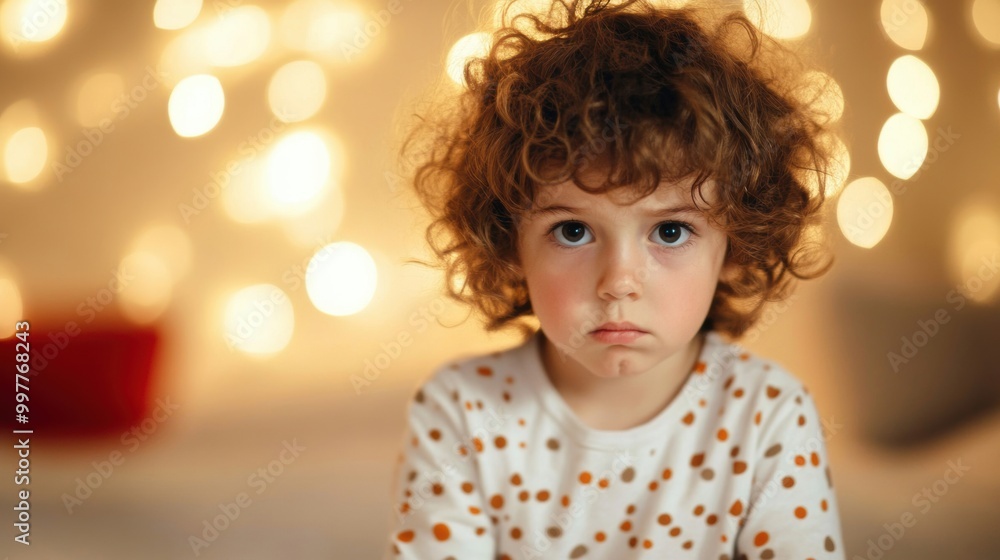 A child with curly hair looks upset, sitting indoors among soft warm lights during the festive Christmas season A child with curly hair looks upset, sitting indoors among soft warm lights during the festive Christmas season
