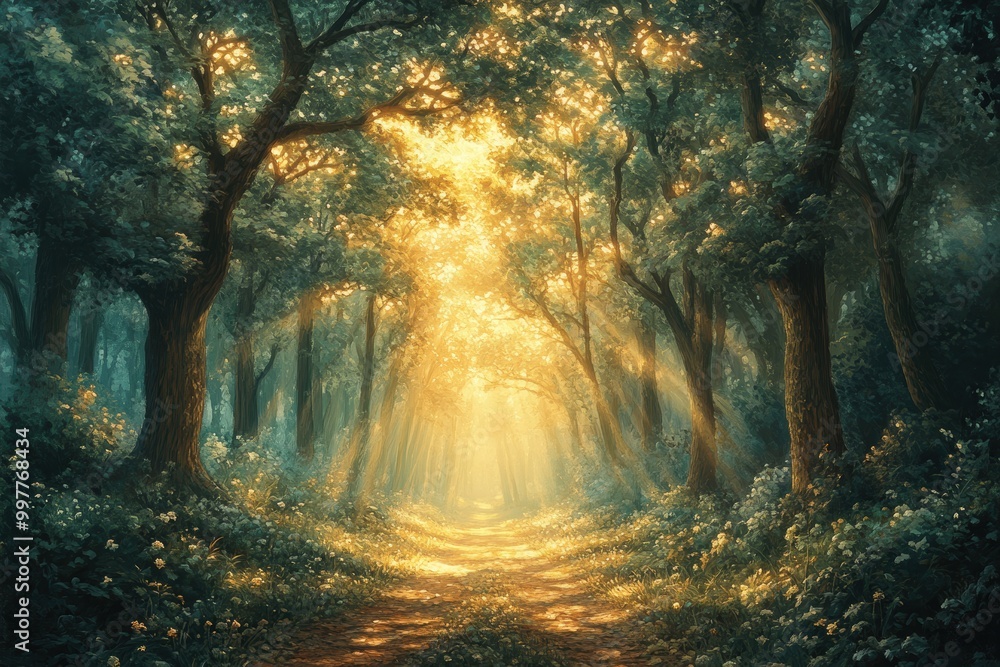 Enchanting Forest with Sunlight and Soft Glow Enchanting Forest with Sunlight and Soft Glow