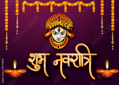illustration of Goddess Durga in Happy Dussehra Navratri background with text in Hindi Shubh navratri meaning happy navratri