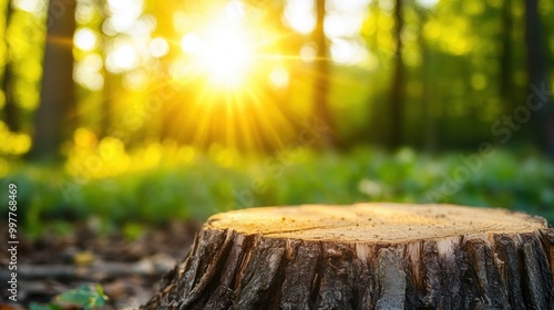 A tree stump sits in a sunlit forest clearing, surrounded by vibrant greenery and glowing rays of sunlight