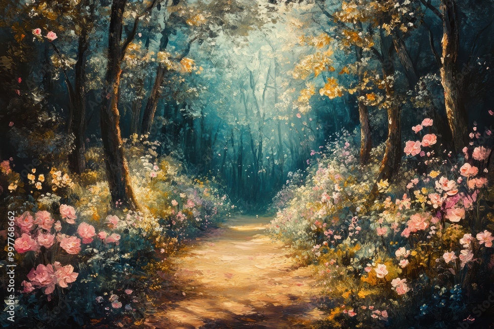 Enchanted Pathway Through Blooming Forest Landscape Enchanted Pathway Through Blooming Forest Landscape