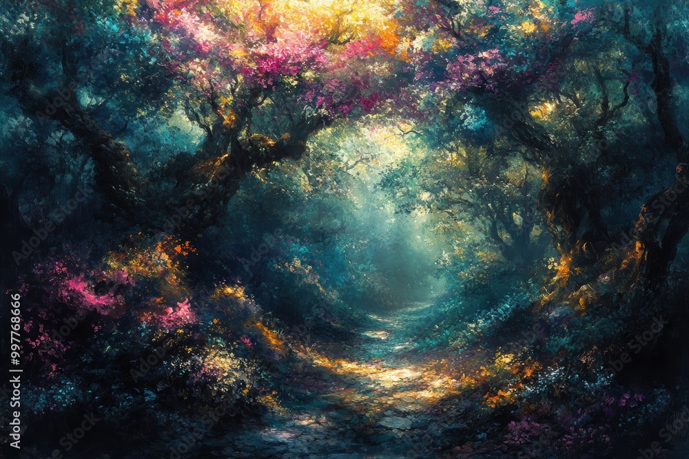 Obraz premium Mystical Forest Pathway with Vibrant Flora and Light
