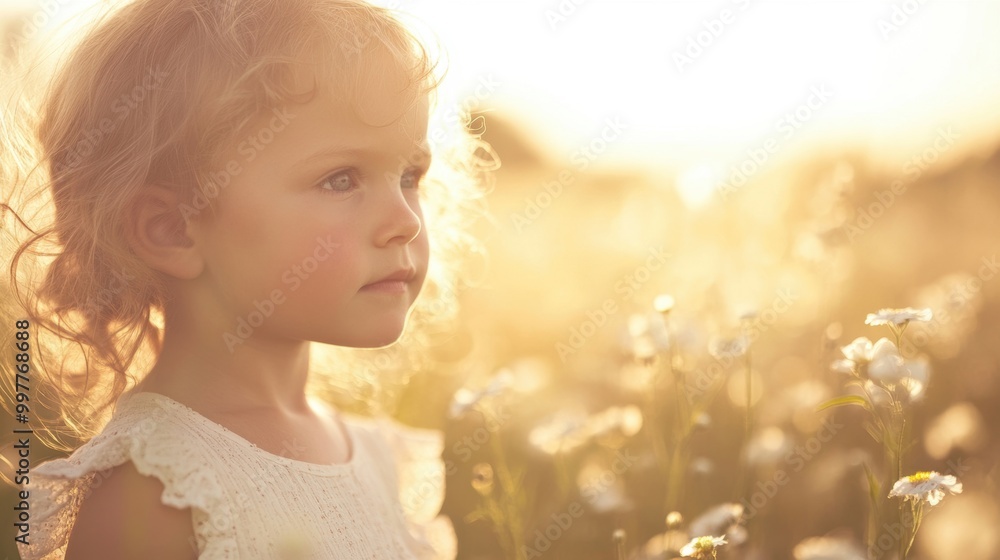 Fototapeta premium A young girl with curly hair enjoys a tranquil moment in a vibrant flower field illuminated by sunlight, surrounded by nature's beauty