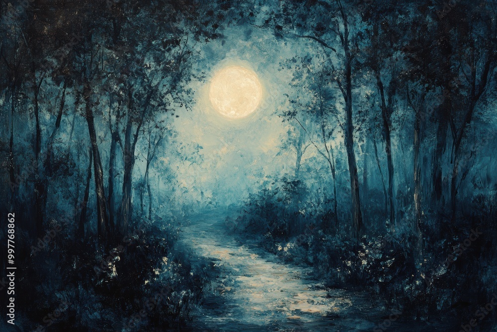 Tranquil Moonlit Path Through Dark Forest Tranquil Moonlit Path Through Dark Forest